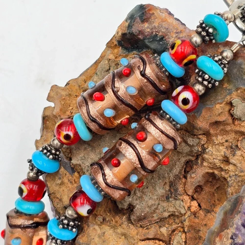 Vintage Handmade Boho Foil Glass Beaded 16" Necklace With Blue & Red Accents - Picture 3 of 9